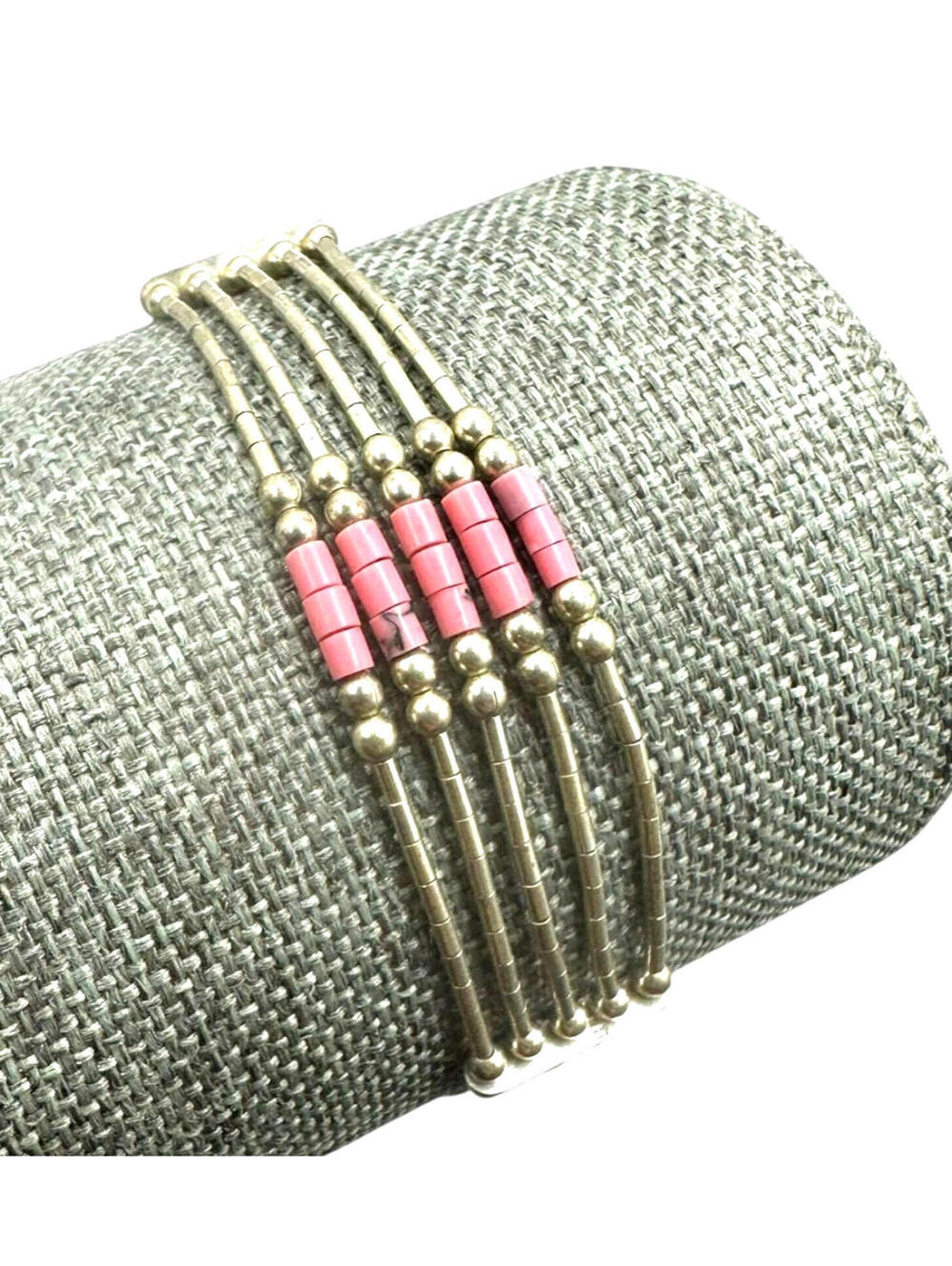 925 Sterling Silver Five Strand Pink & Silver Beaded Bracelet 7"